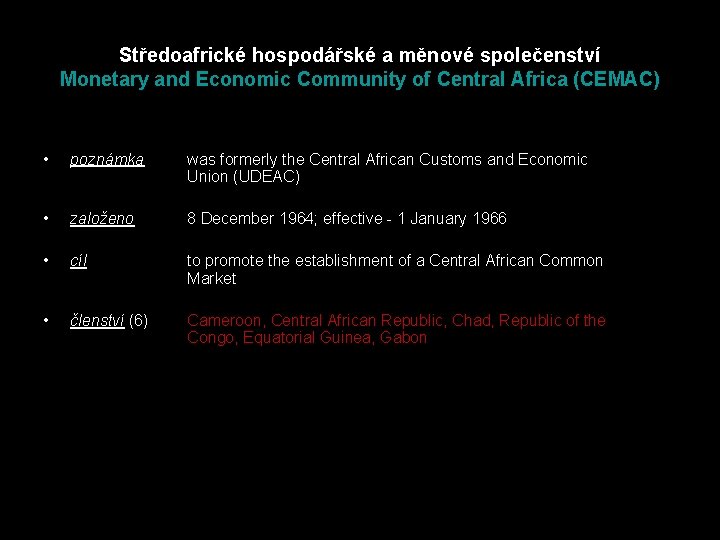 Středoafrické hospodářské a měnové společenství Monetary and Economic Community of Central Africa (CEMAC) •