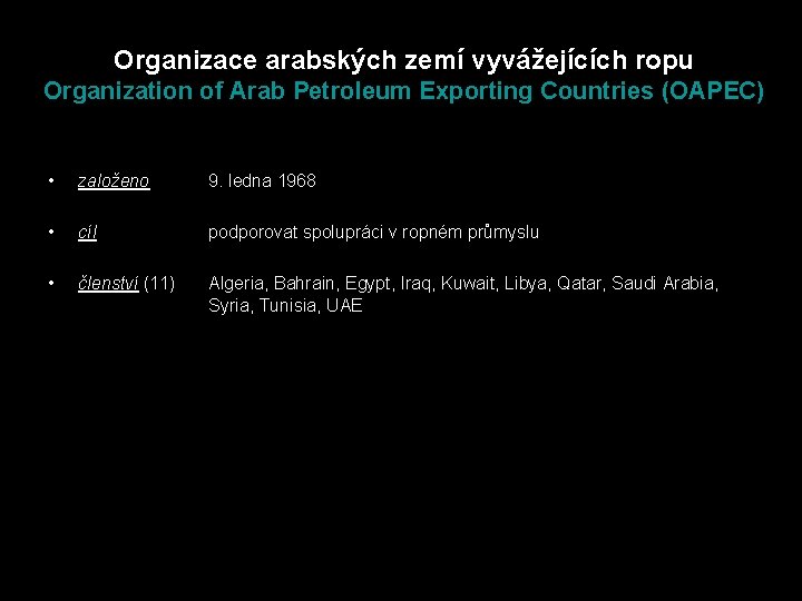 Organizace arabských zemí vyvážejících ropu Organization of Arab Petroleum Exporting Countries (OAPEC) • založeno