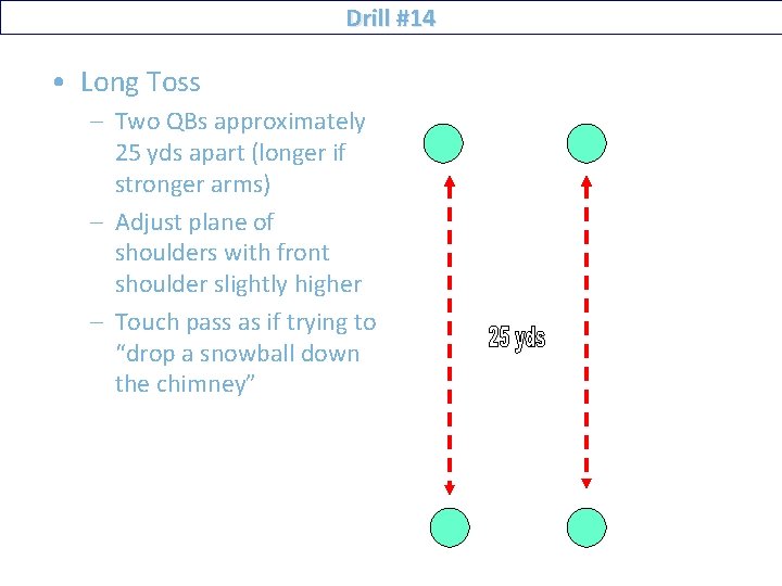 Drill #14 • Long Toss – Two QBs approximately 25 yds apart (longer if
