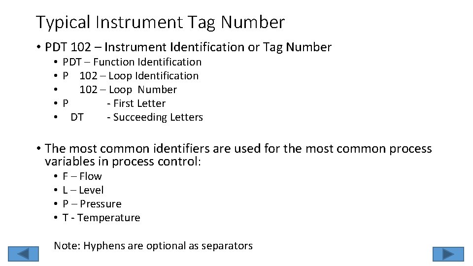 Typical Instrument Tag Number • PDT 102 – Instrument Identification or Tag Number •