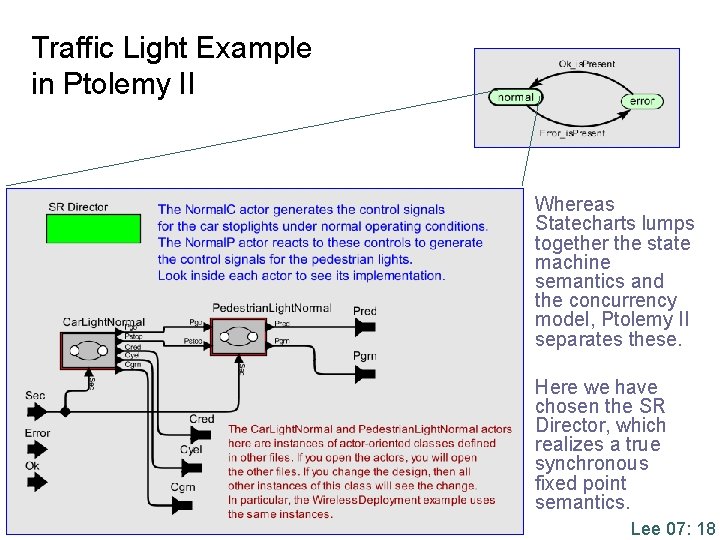 Traffic Light Example in Ptolemy II Whereas Statecharts lumps together the state machine semantics