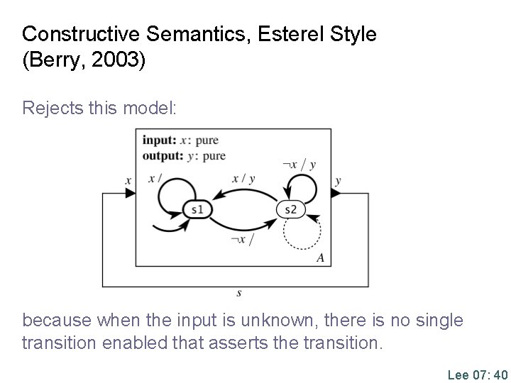 Constructive Semantics, Esterel Style (Berry, 2003) Rejects this model: because when the input is