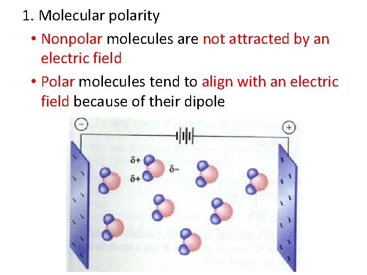 1. Molecular polarity • Nonpolar molecules are not attracted by an electric field •