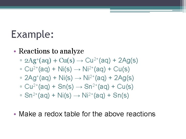 Example: • Reactions to analyze ▫ ▫ ▫ 2 Ag+(aq) + Cu(s) → Cu
