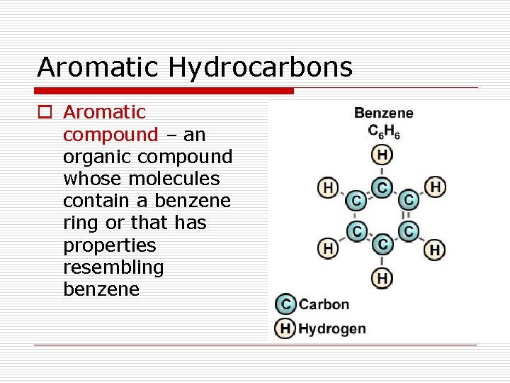 Aromatic Hydrocarbons o Aromatic compound – an organic compound whose molecules contain a benzene