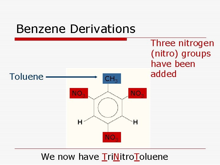 Benzene Derivations Toluene Three nitrogen (nitro) groups have been added CH 3 NO 3