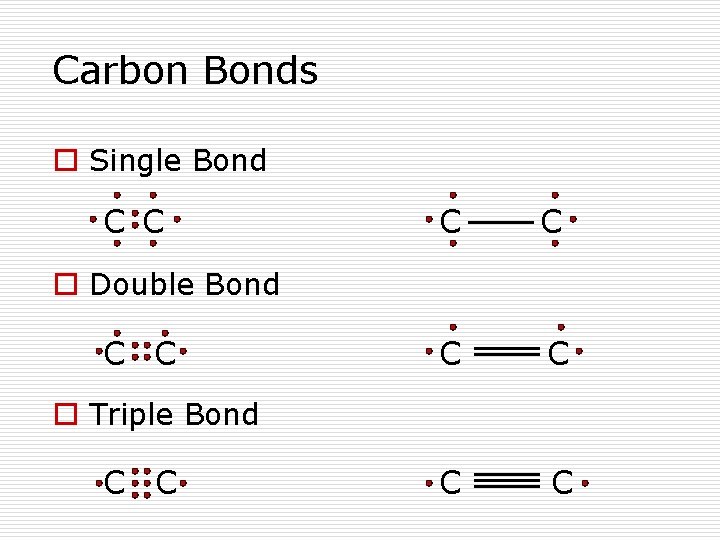 Carbon Bonds o Single Bond C C C C o Double Bond C C
