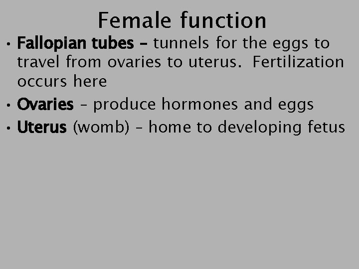 Female function • Fallopian tubes – tunnels for the eggs to travel from ovaries