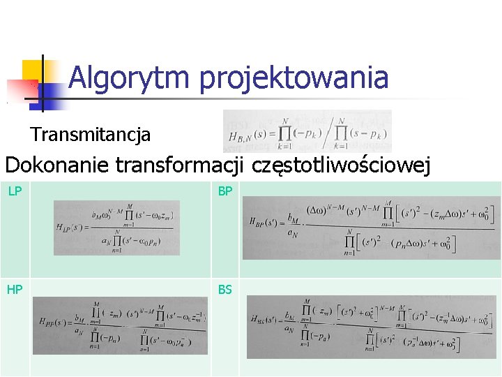 Algorytm projektowania Transmitancja Dokonanie transformacji częstotliwościowej LP BP HP BS 