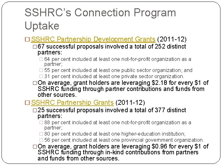 SSHRC’s Connection Program Uptake � SSHRC Partnership Development Grants (2011 -12) � 67 successful