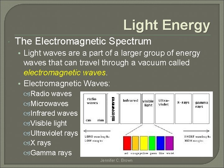 Light Energy The Electromagnetic Spectrum • Light waves are a part of a larger