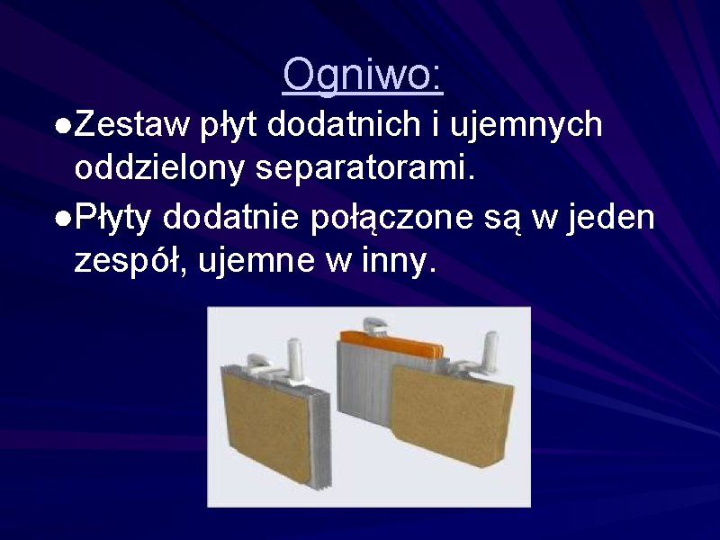 Ogniwo: ●Zestaw płyt dodatnich i ujemnych oddzielony separatorami. ●Płyty dodatnie połączone są w jeden