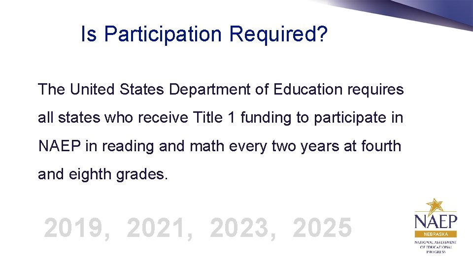 Is Participation Required? The United States Department of Education requires all states who receive