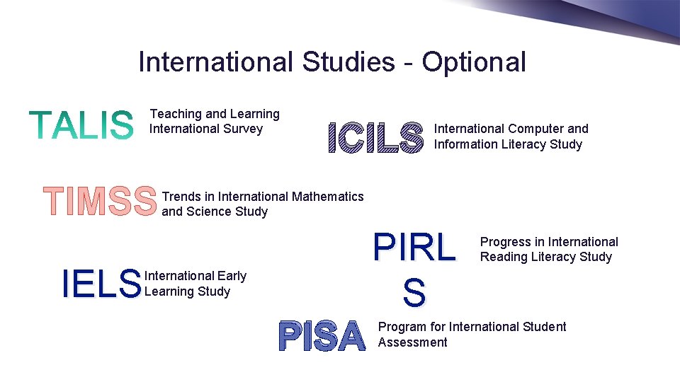 International Studies - Optional Teaching and Learning International Survey TIMSS ICILS International Computer and