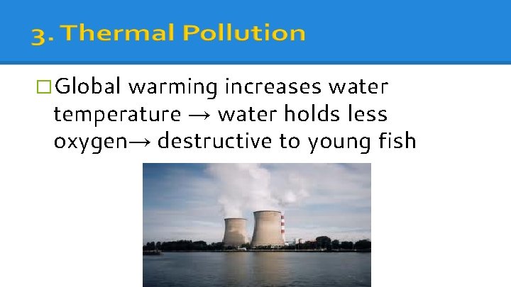 �Global warming increases water temperature → water holds less oxygen→ destructive to young fish