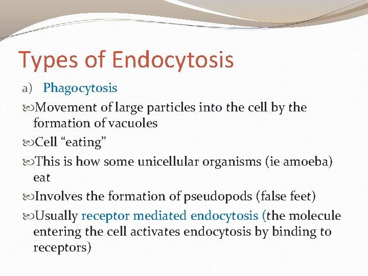 Types of Endocytosis a) Phagocytosis Movement of large particles into the cell by the