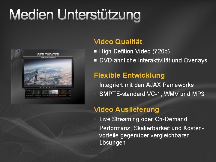 Medien Unterstützung Video Qualität High Defition Video (720 p) DVD-ähnliche Interaktivität und Overlays Flexible