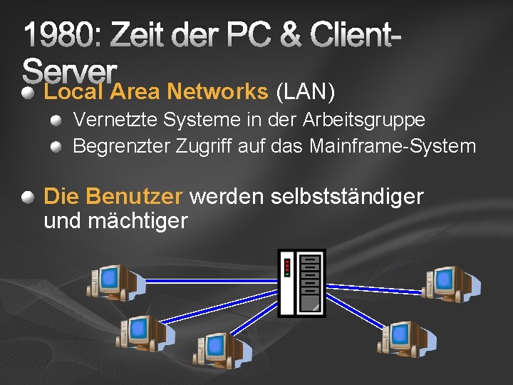 1980: Zeit der PC & Client. Server Local Area Networks (LAN) Vernetzte Systeme in