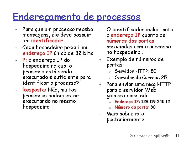 Endereçamento de processos r r Para que um processo receba mensagens, ele deve possuir