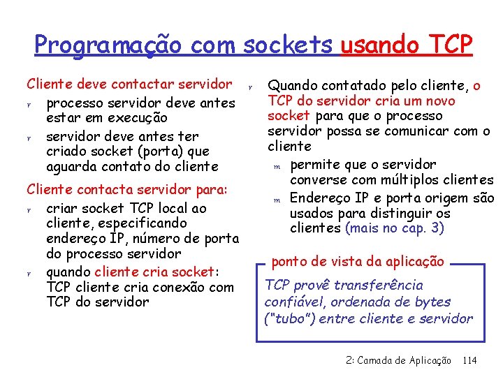 Programação com sockets usando TCP Cliente deve contactar servidor r r processo servidor deve