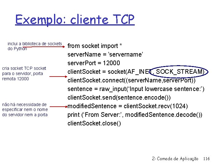 Exemplo: cliente TCP inclui a biblioteca de sockets do Python cria socket TCP socket