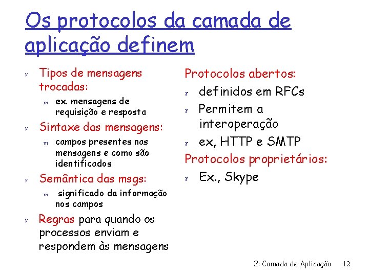 Os protocolos da camada de aplicação definem r Tipos de mensagens trocadas: m r