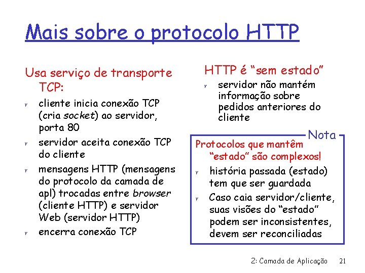 Mais sobre o protocolo HTTP Usa serviço de transporte TCP: r r cliente inicia