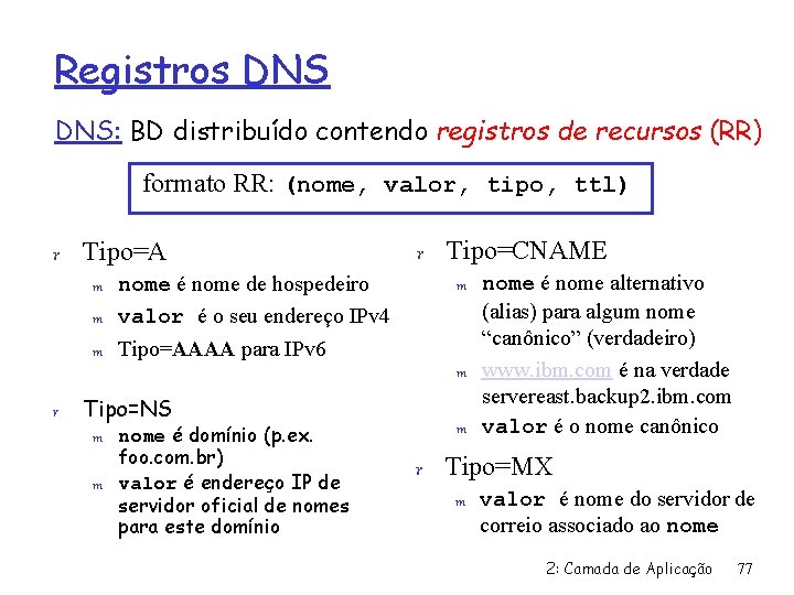 Registros DNS: BD distribuído contendo registros de recursos (RR) formato RR: (nome, valor, tipo,
