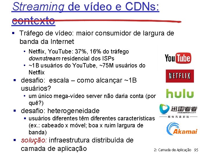 Streaming de vídeo e CDNs: contexto § Tráfego de vídeo: maior consumidor de largura