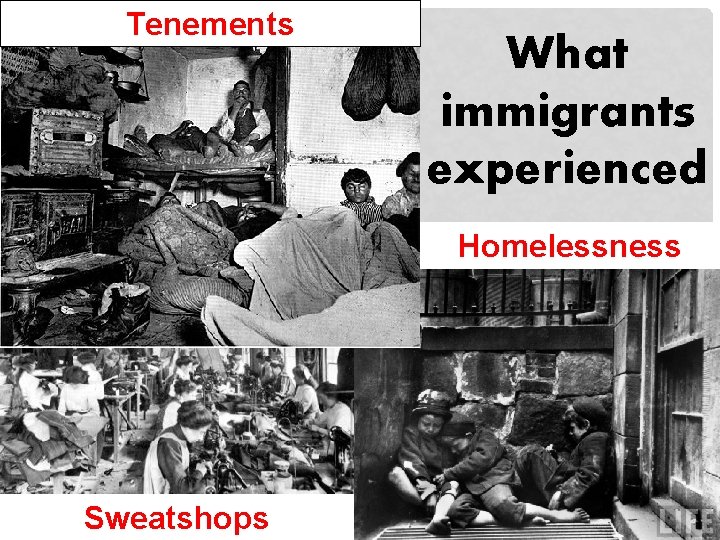 Tenements Sweatshops What immigrants experienced … Homelessness 