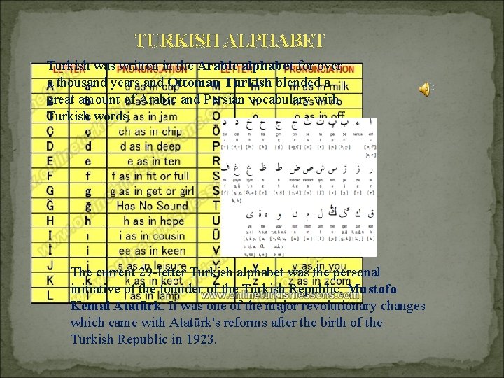 TURKISH ALPHABET Turkish was written in the Arabic alphabet for over a thousand years