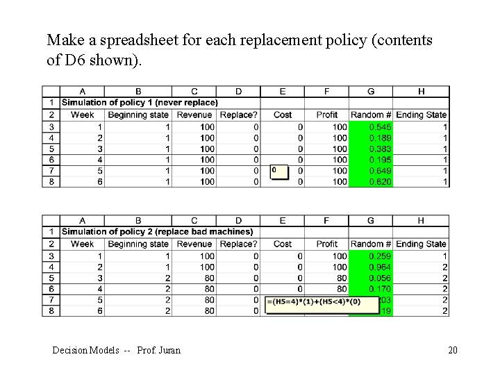 Make a spreadsheet for each replacement policy (contents of D 6 shown). Decision Models