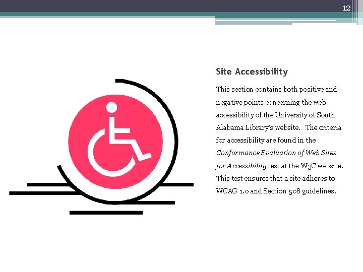 12 Site Accessibility This section contains both positive and negative points concerning the web