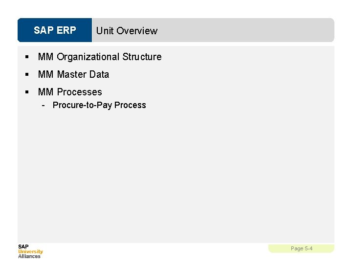 SAP ERP Unit Overview § MM Organizational Structure § MM Master Data § MM