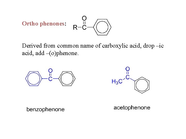 Ortho phenones: Derived from common name of carboxylic acid, drop –ic acid, add –(o)phenone.