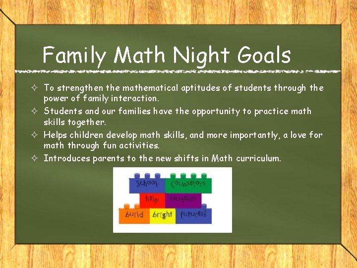 Family Math Night Goals To strengthen the mathematical aptitudes of students through the power