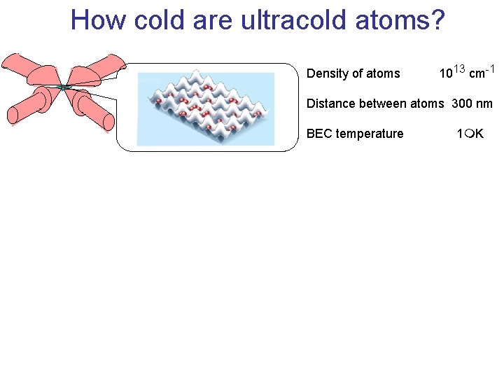 How cold are ultracold atoms? Density of atoms 1013 cm-1 Distance between atoms 300