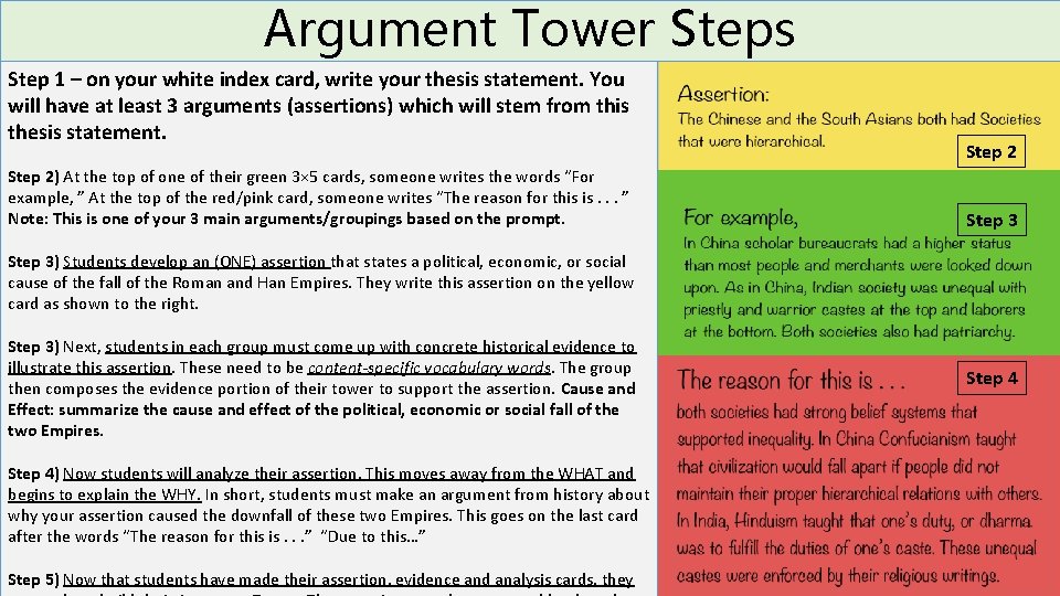 Argument Tower Steps Step 1 – on your white index card, write your thesis