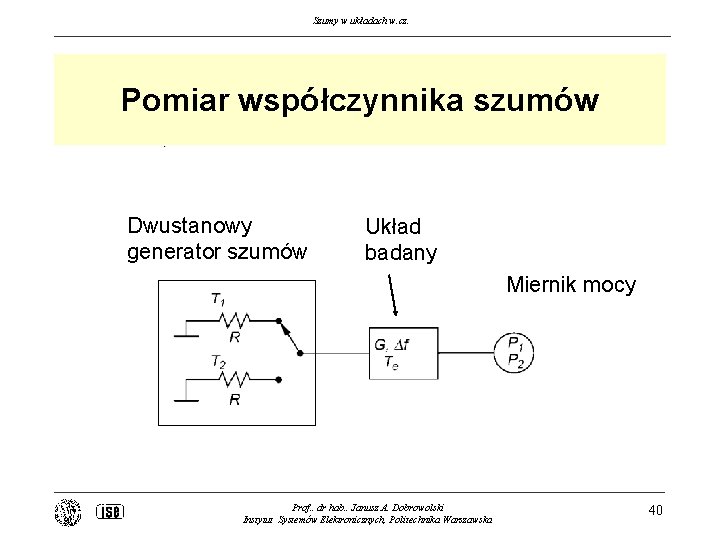 Szumy w układach w. cz. Pomiar współczynnika szumów Dwustanowy generator szumów Układ badany Miernik