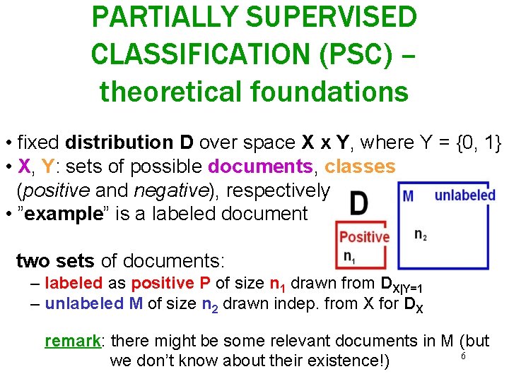 PARTIALLY SUPERVISED CLASSIFICATION (PSC) – theoretical foundations • fixed distribution D over space X