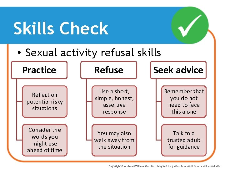 Skills Check • Sexual activity refusal skills Practice Refuse Seek advice Reflect on potential