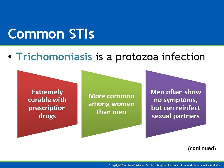 Common STIs • Trichomoniasis is a protozoa infection Extremely curable with prescription drugs More