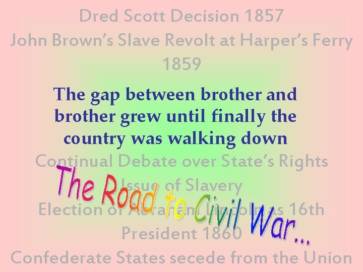 Dred Scott Decision 1857 John Brown’s Slave Revolt at Harper’s Ferry 1859 The gap