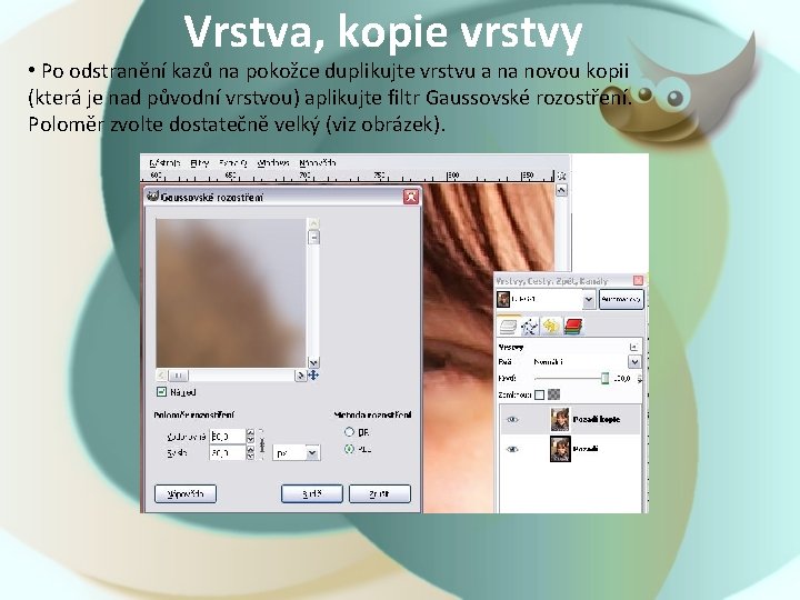 Vrstva, kopie vrstvy • Po odstranění kazů na pokožce duplikujte vrstvu a na novou