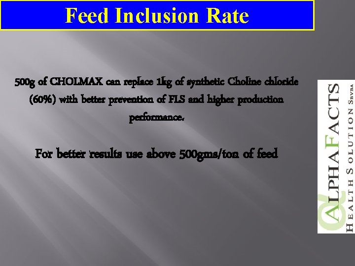 Feed Inclusion Rate 500 g of CHOLMAX can replace 1 kg of synthetic Choline