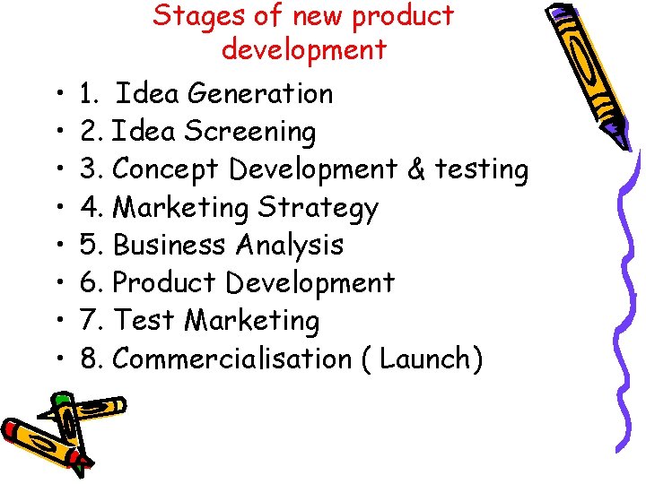 Stages of new product development • • 1. Idea Generation 2. Idea Screening 3.