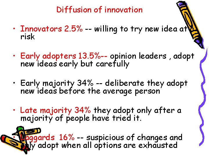 Diffusion of innovation • Innovators 2. 5% -- willing to try new idea at