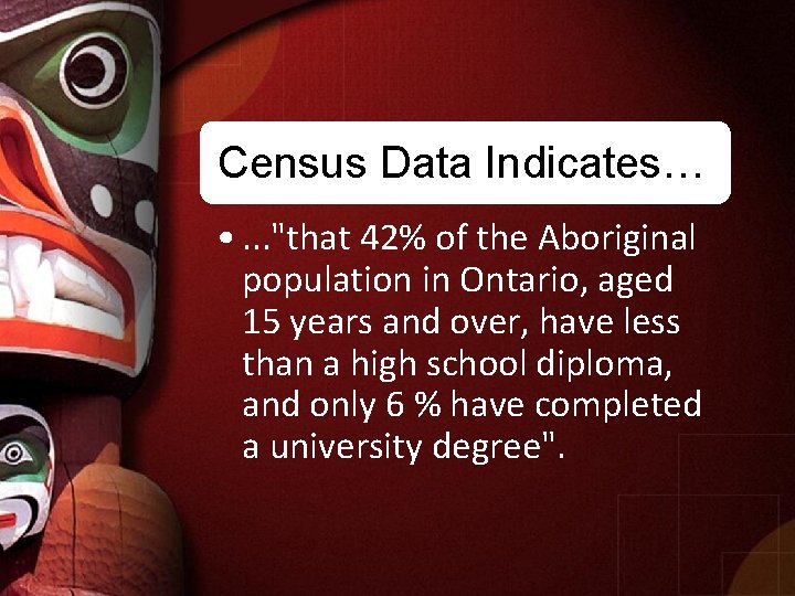 Census Data Indicates… • . . . "that 42% of the Aboriginal population in