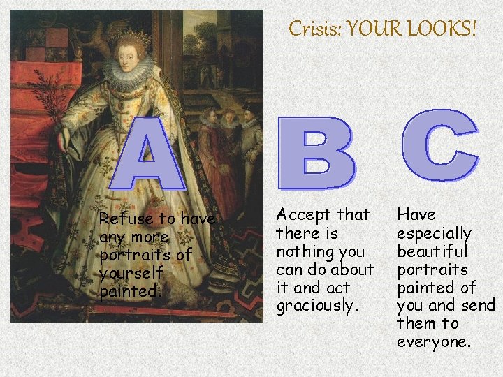 Crisis: YOUR LOOKS! Refuse to have any more portraits of yourself painted. Accept that