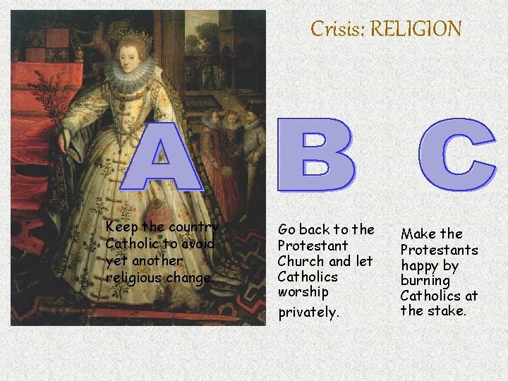 Crisis: RELIGION Keep the country Catholic to avoid yet another religious change. Go back